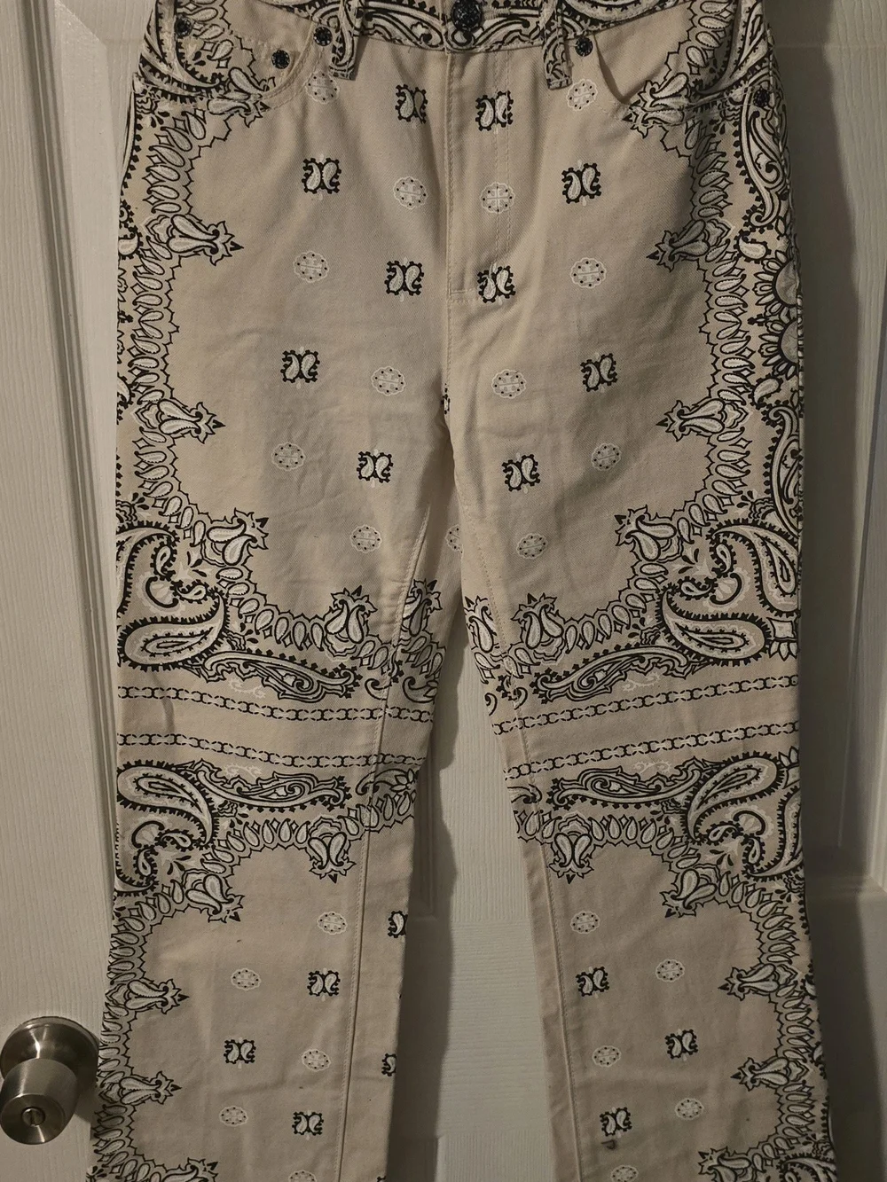 Tory Burch Cream and Black Bandana-Print Boot Cut Jeans